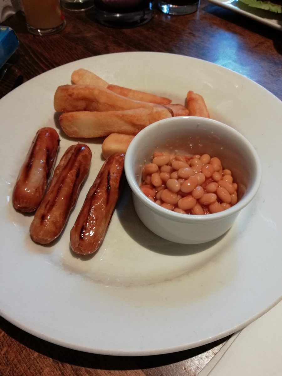 Sausage, chips and beans
