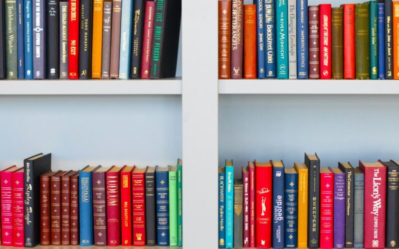 Brightly coloured books arranged on shelves